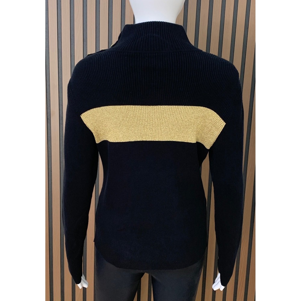 Lauren Ralph Lauren Women's Mock Neck Sweater Black Gold Stripe Button L - Picture 2 of 8